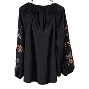 $5 If Bundled! BloomChic Black Blouse with Floral Embroidery